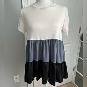 You & Me | White, Blue, and Navy Tiered Short Sleeve Peplum Top | Size Small